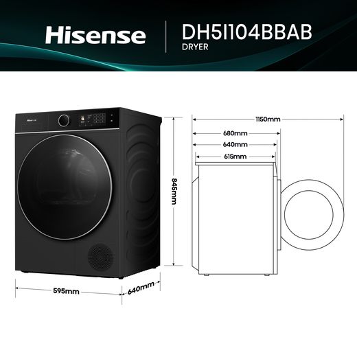 Hisense DH5I104BBAB Wifi Connected Heat Pump Tumble Dryer - Black - Dimensions
