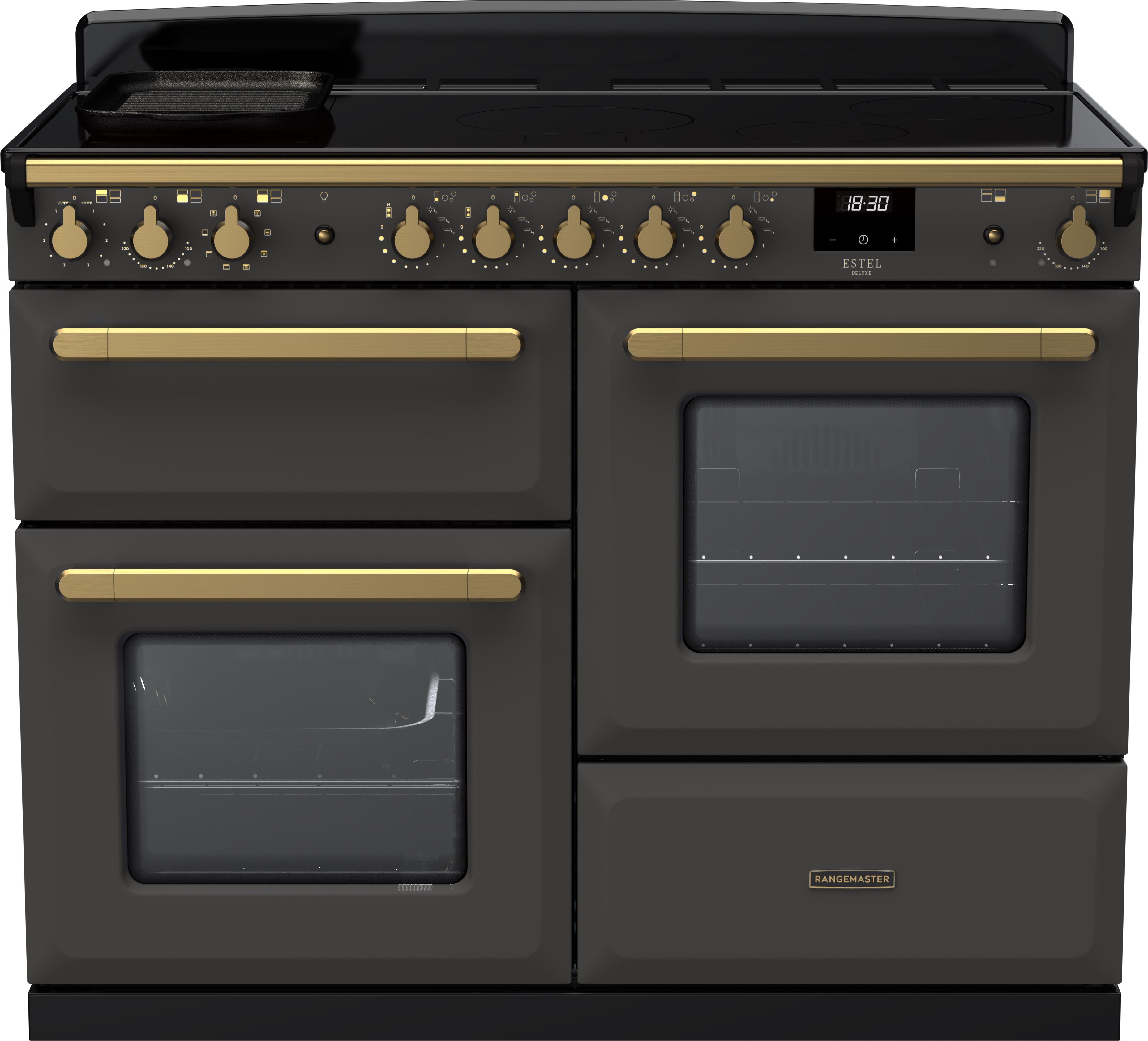 Image of Rangemaster Estel Deluxe ESDLO110EIPSLT/AB1 110cm wide Electric Range Cooker with Induction Hob - Slate / Antique Brass - A Rated, Grey