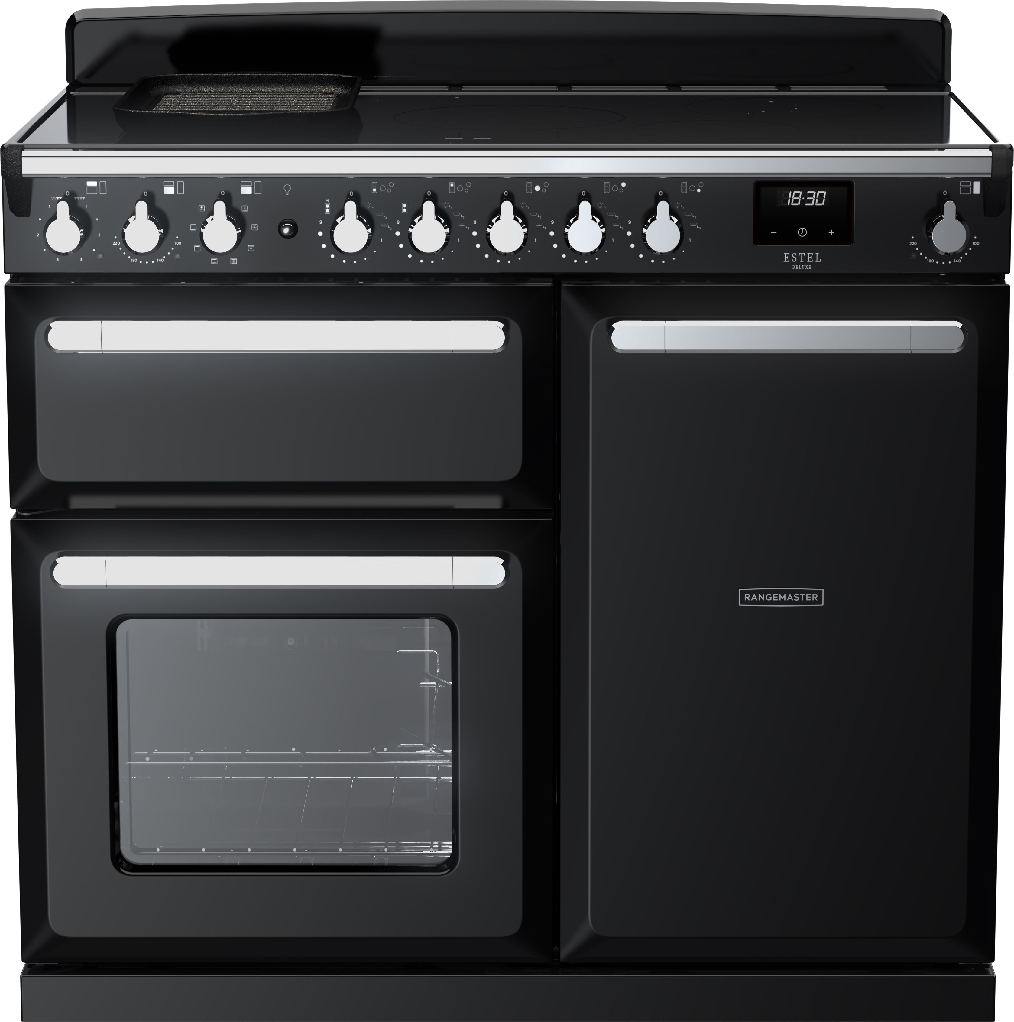 Image of Rangemaster Estel Deluxe ESDL100EIPGBL/CM1 100cm wide Electric Range Cooker with Induction Hob - Black / Chrome - A/A Rated, Black