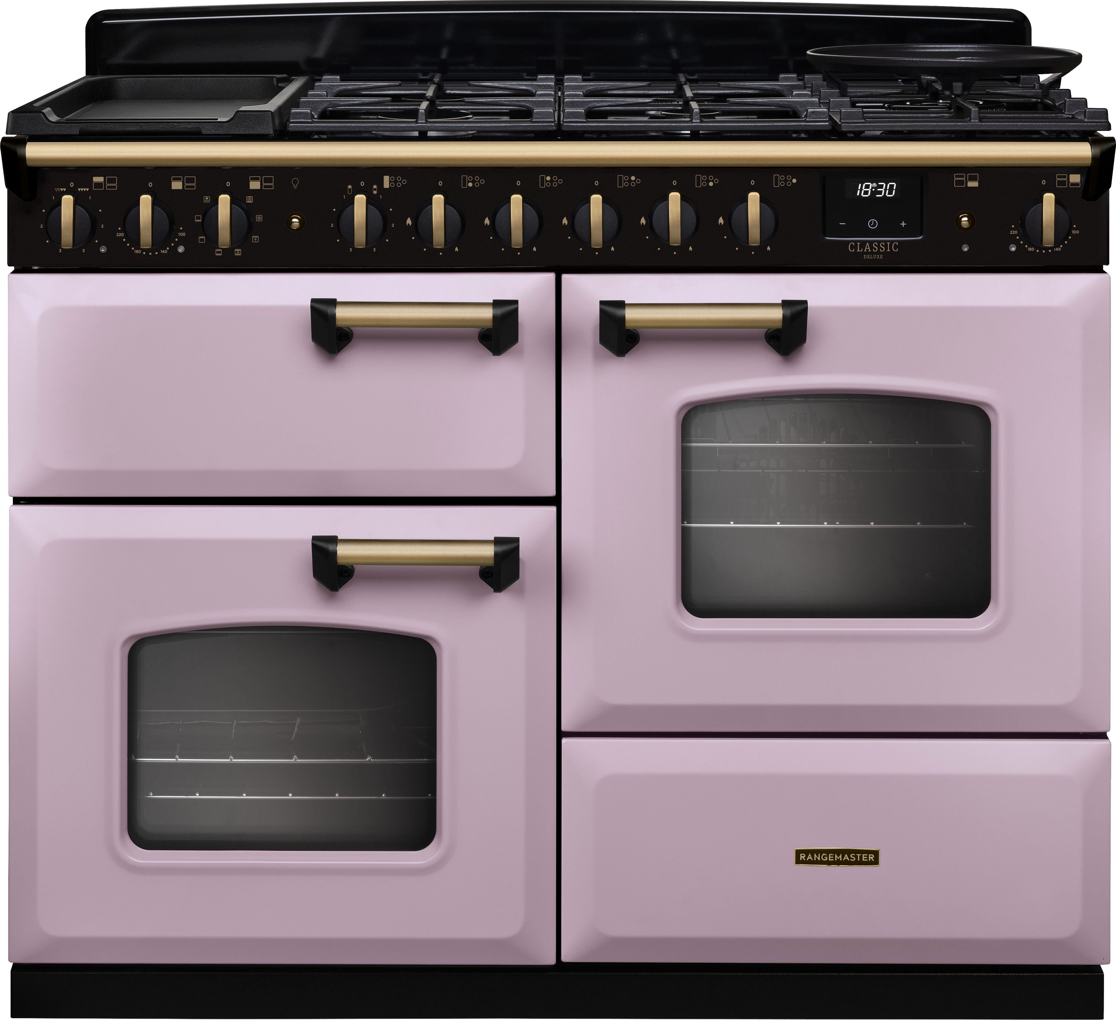 Image of Rangemaster Classic Deluxe 110 CLDLO110DFPHTH/AB1 110cm wide Dual Fuel Range Cooker with Gas Hob - Heather / Chrome - A Rated, Purple