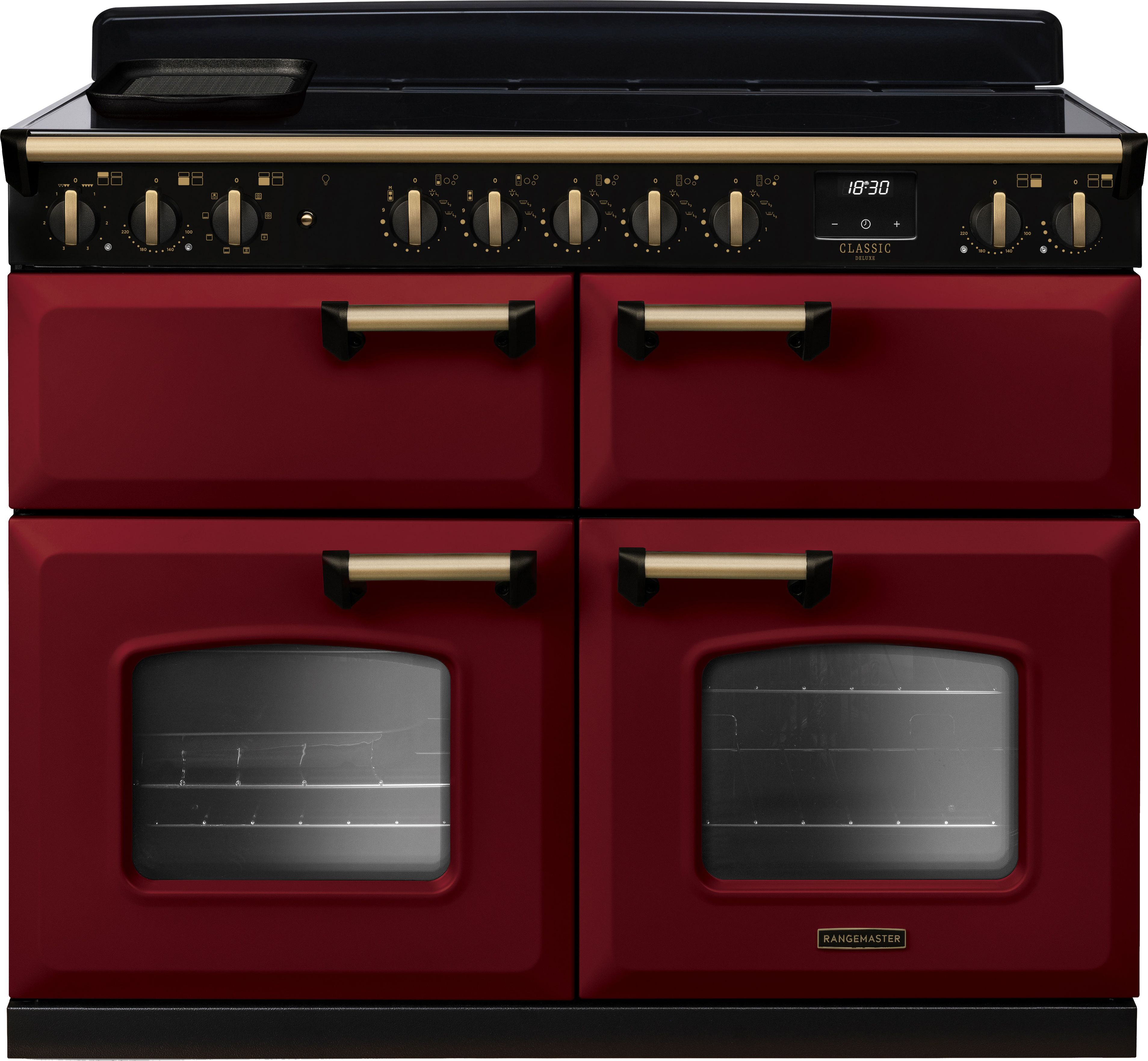 Image of Rangemaster Classic Deluxe BC CLDLB110EIPBOR/AB1 110cm wide Electric Range Cooker with Induction Hob - Bordeaux / Antique Brass - A/A Rated, Red