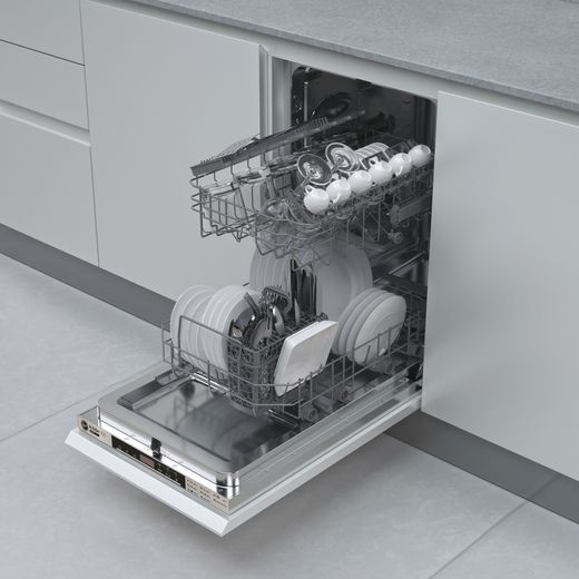 Hoover Fully Integrated Slimline Dishwasher - Stainless Steel Control Panel with Fixed Door Fixing Kit - Dishwasher with door open in modern kitchen