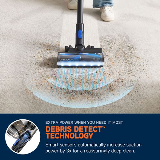 Vax HomePro Detect Pet Cordless Vacuum Cleaner with up to 45 Minutes Run Time - Blue / Graphite - Annotation - Debris detect shot