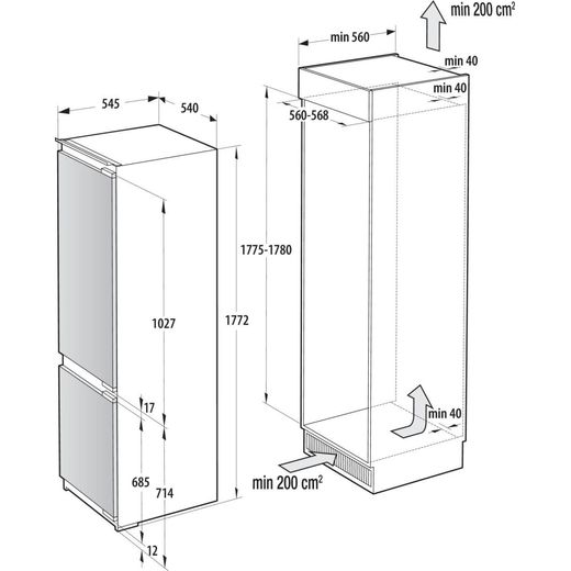 Hisense RB3B250SAWE Wifi Connected 177cm 70/30 Integrated No Frost Fridge Freezer with Fixed Door Hinge - White - Annotation - Dimension shot