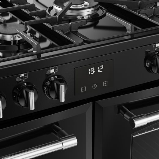 Belling FARMHOUSE 110DF Dual Fuel Range Cooker - Black / Antique Brass - Control dials and digital display
