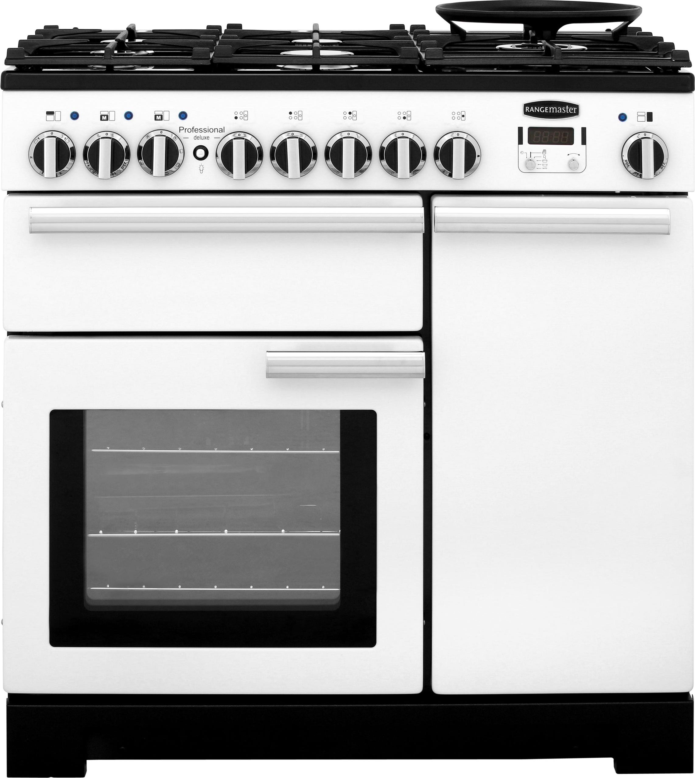 Rangemaster Professional Deluxe PDL90DFFWH/C 90cm Dual Fuel Range Cooker - White - A/A Rated, White