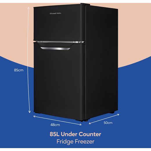 Russell Hobbs RH85UCFF482E1B Under-Counter Fridge Freezer in Black - Annotation - Dimensions shot