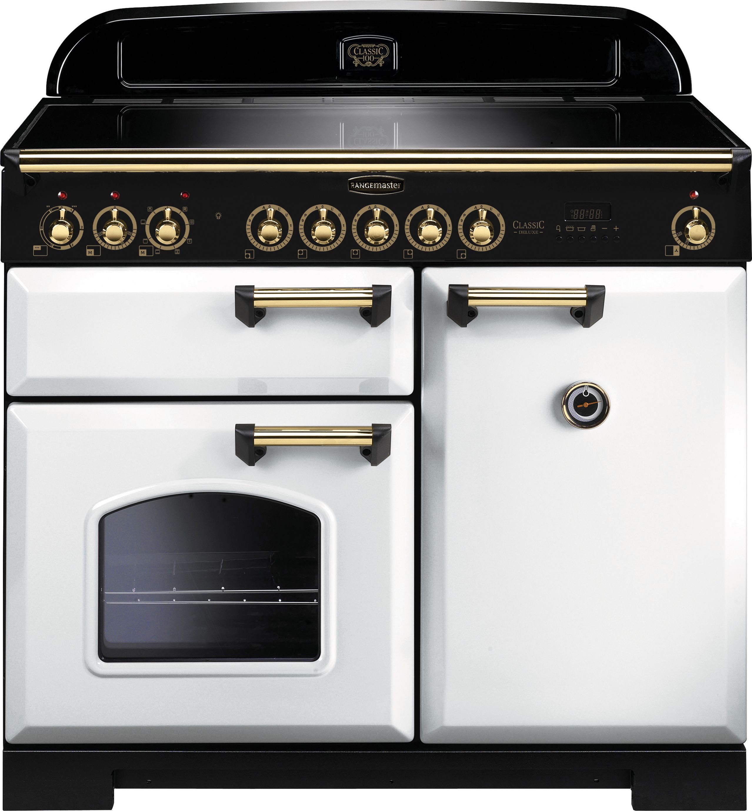 Rangemaster Classic Deluxe CDL100EIWH/B 100cm Electric Range Cooker with Induction Hob - White / Brass - A/A Rated, White