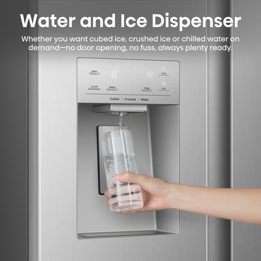 Hisense American Fridge Freezer - Stainless Steel  - Annotation - water and ice dispenser shot