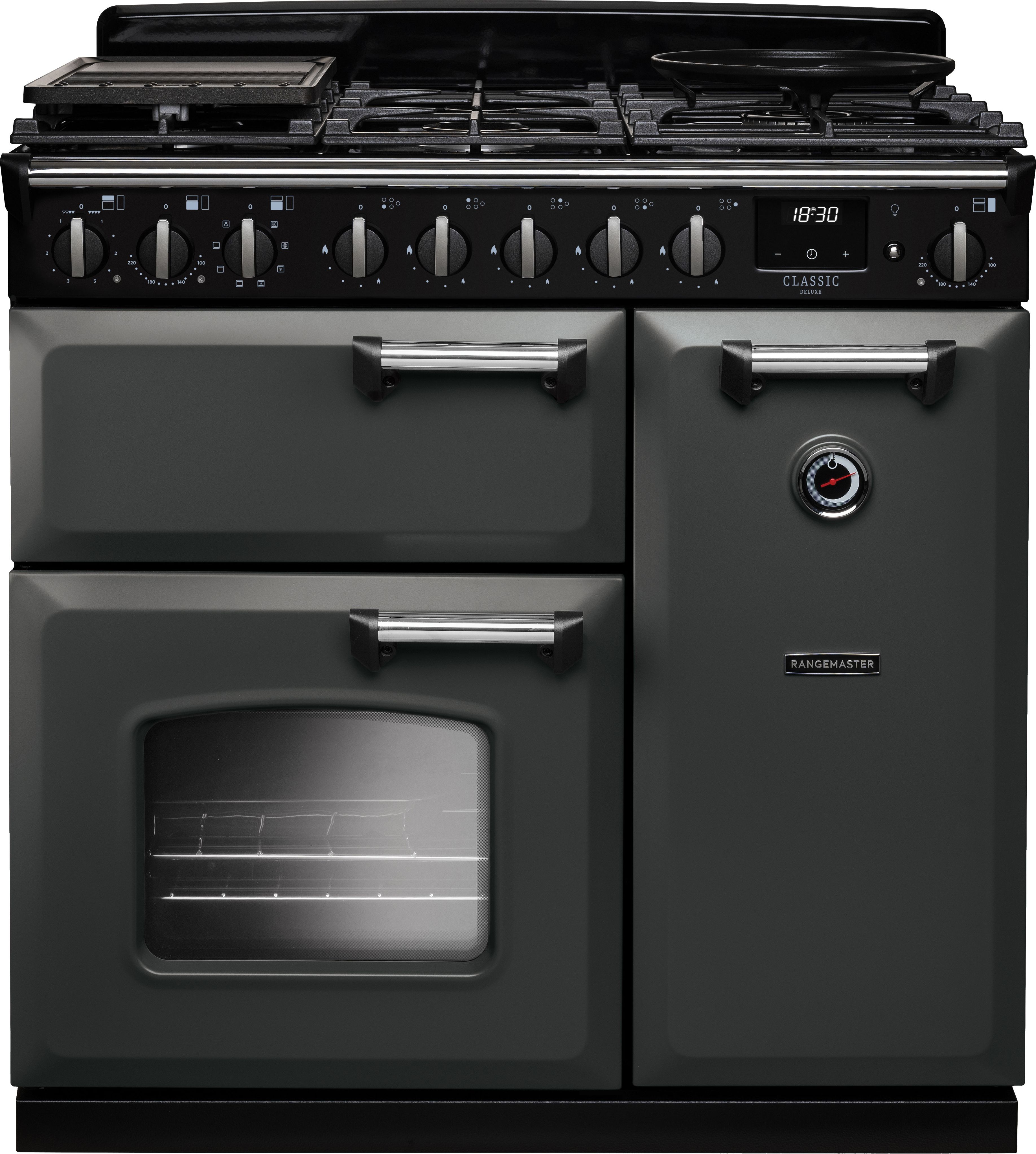 Image of Rangemaster Classic Deluxe CLDL90DFPSLT/CM1 90cm wide Dual Fuel Range Cooker with Gas Hob - Slate / Chrome - A Rated, Grey