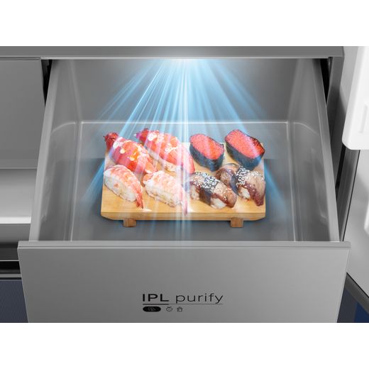 Midea Insta Fit Master American Fridge Freezer - Midnight Glass - sushi in drawer shot