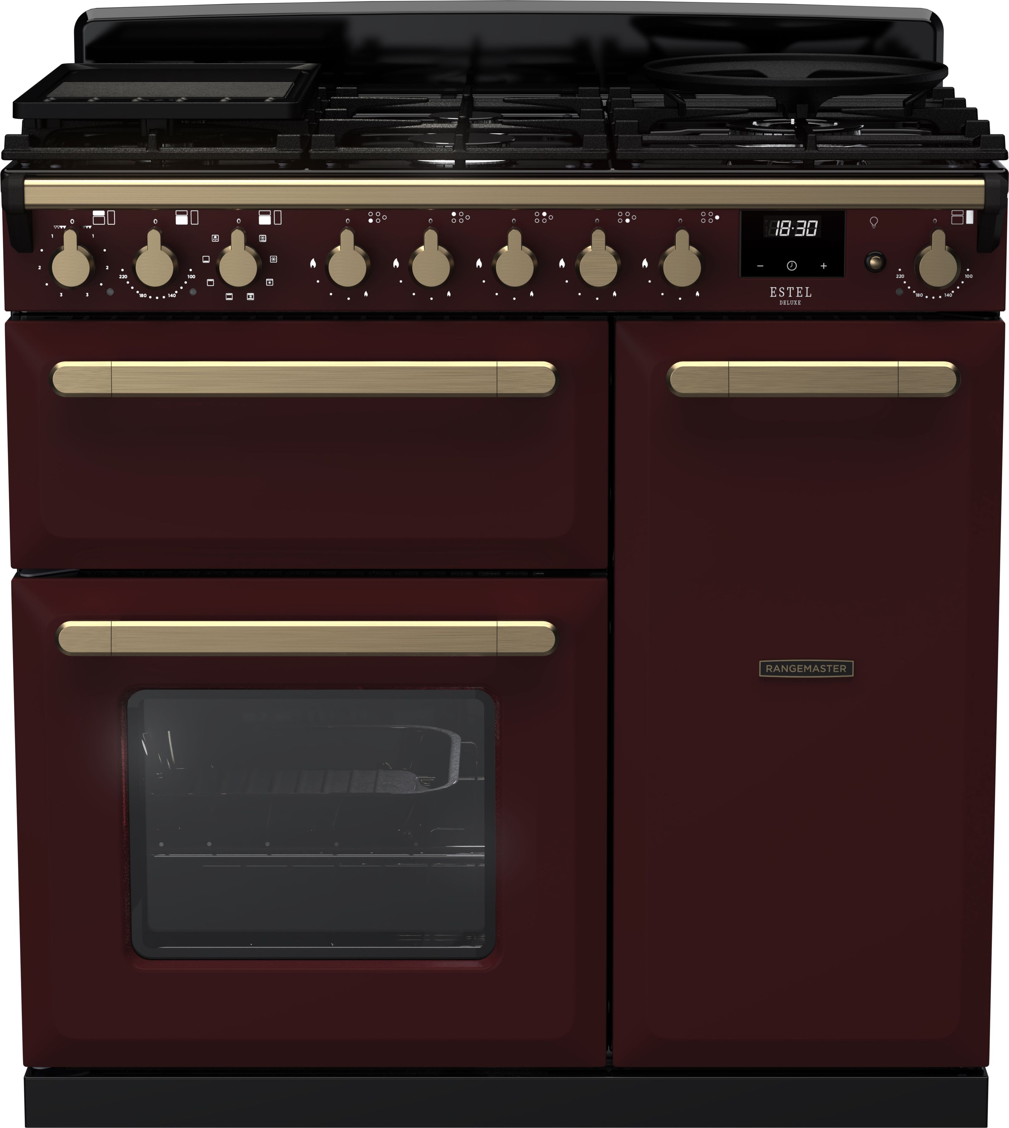 Image of Rangemaster Estel Deluxe ESDL90DFPBOR/AB1 90cm wide Dual Fuel Range Cooker with Gas Hob - Bordeaux / Antique Brass - A/A Rated, Red