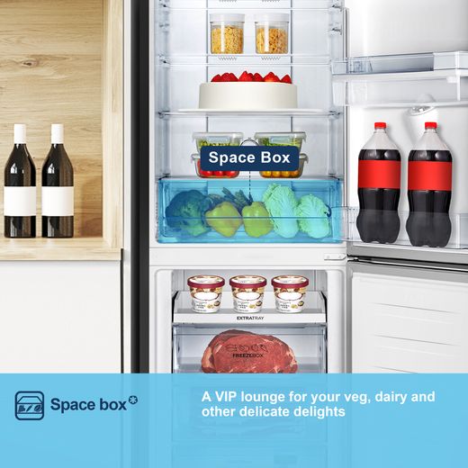 Fridgemaster MC55251DEB 182cm 50/50 No Frost Fridge Freezer - Black - Annotation - Space box shot