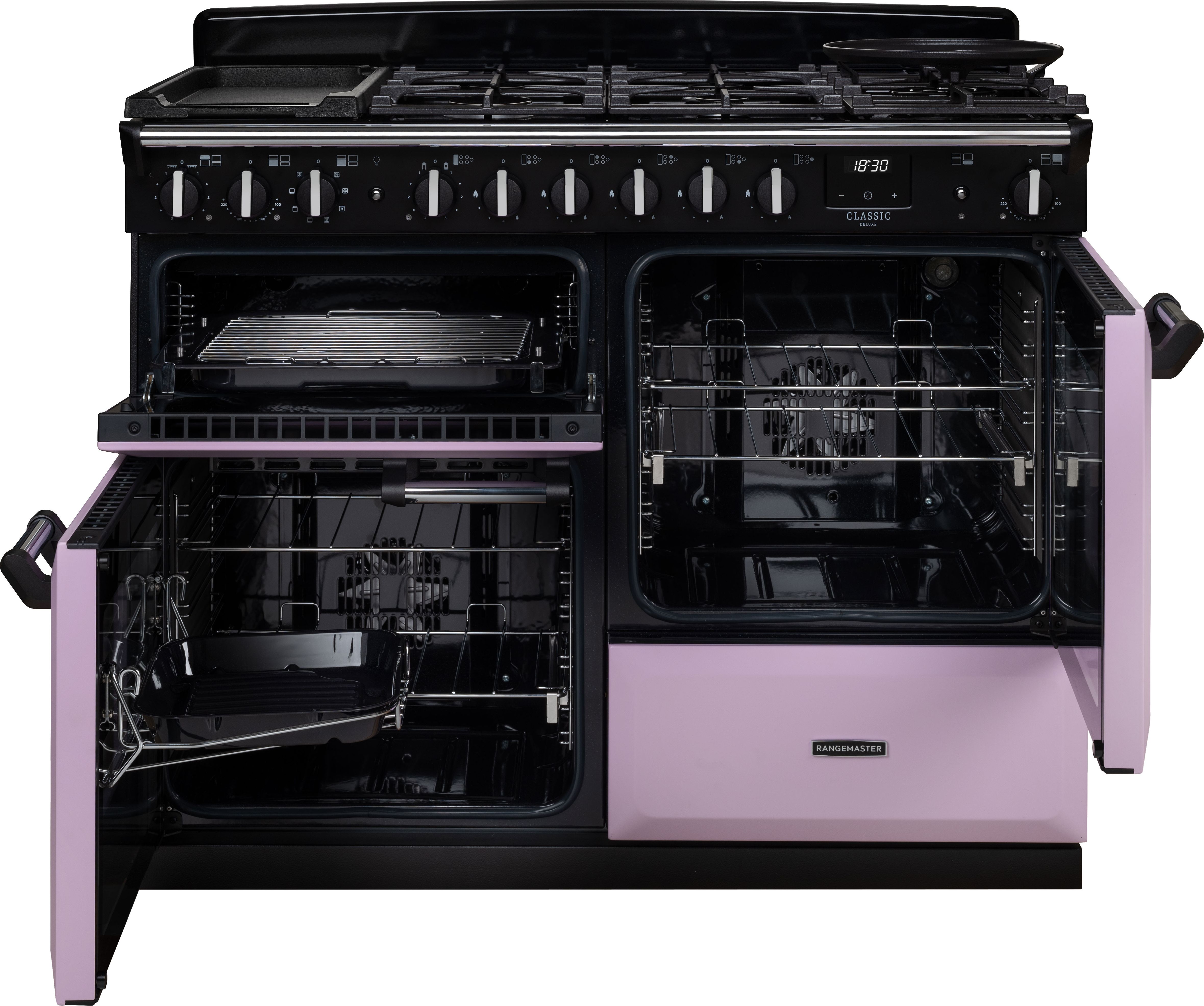 Image of Rangemaster Classic Deluxe 110 CLDLO110DFPHTH/CM1 110cm wide Dual Fuel Range Cooker with Gas Hob - Heather / Chrome - A Rated, Purple