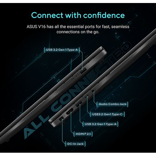 ASUS V16 V3607VH 16" Gaming Laptop - NVIDIA® GeForce® RTX™ 5050, 512GB SSD - Black - Annotation - Port shot