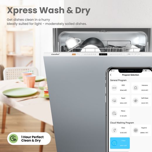 Comfee Fully Integrated Standard Dishwasher - White with Fixed Door Hinge Kit - annotation - Xpress wash and dry