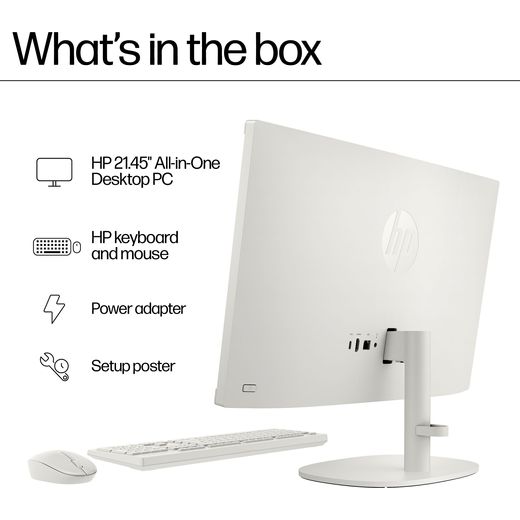 HP 22 -dg0007na 21.45" All in One - Intel Celeron, 128GB UFS - White - Annotation - Whats in the box shot