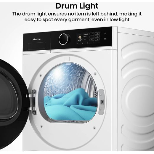Hisense 5i Series DH5I104BWAB Wifi Connected 10Kg Heat Pump Tumble Dryer - White - Annotation - Drum light shot