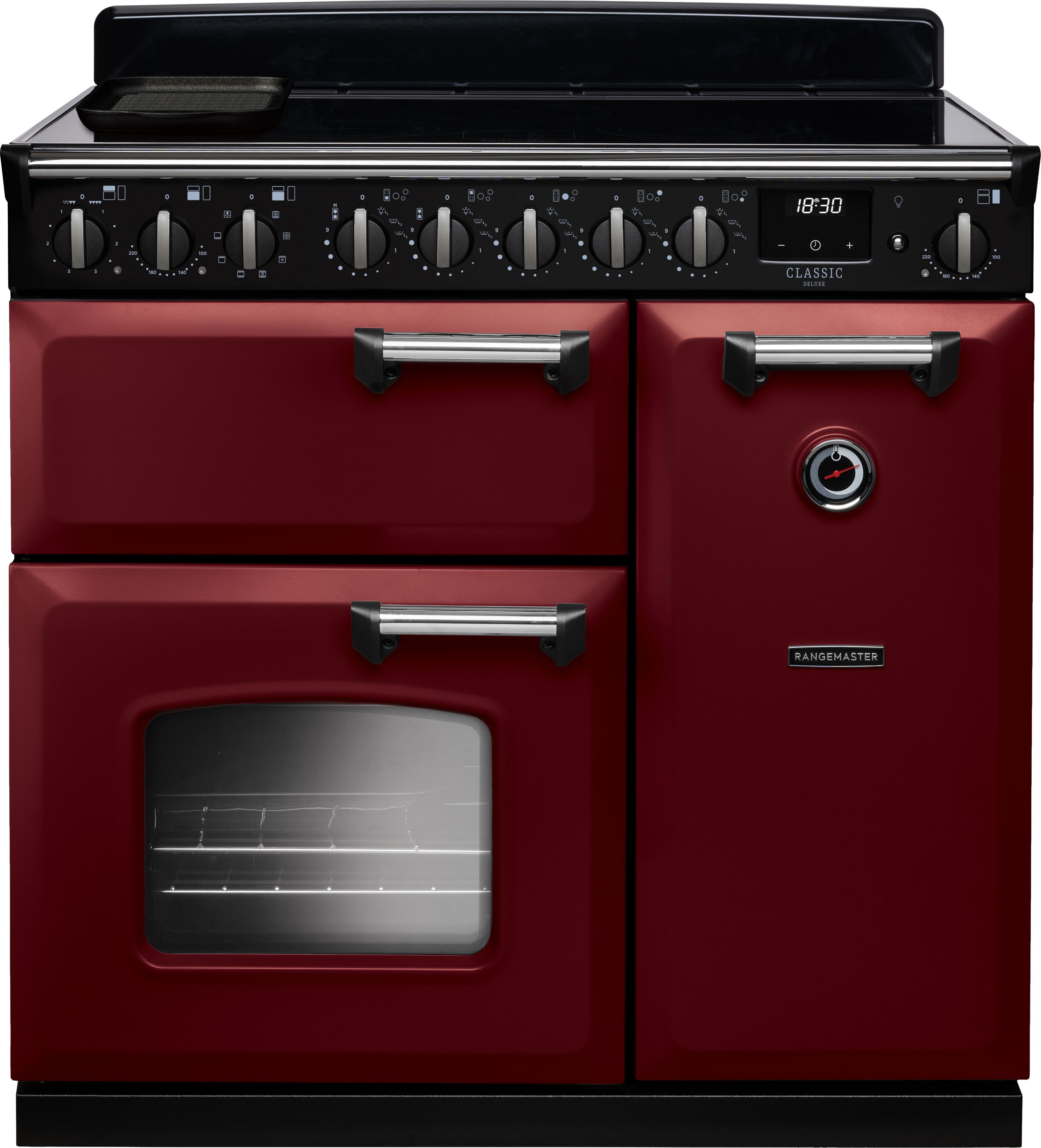 Image of Rangemaster Classic Deluxe CLDL90EIPBOR/CM1 90cm wide Electric Range Cooker with Induction Hob - Bordeaux / Chrome - A/A Rated, Red