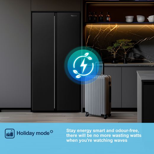 Fridgemaster American Fridge Freezer - Black - Annotation - Holiday mode