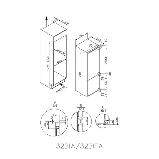Hoover H-FRIDGE 300 Integrated 70/30 Total No Frost Fridge Freezer with Sliding Door Fixing Kit - White - Dimensions