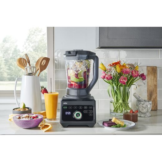 Braun MultiQuick 9 JB9040BK Blender & Smoothie Maker - Black - Blender in kitchen surrounded by food