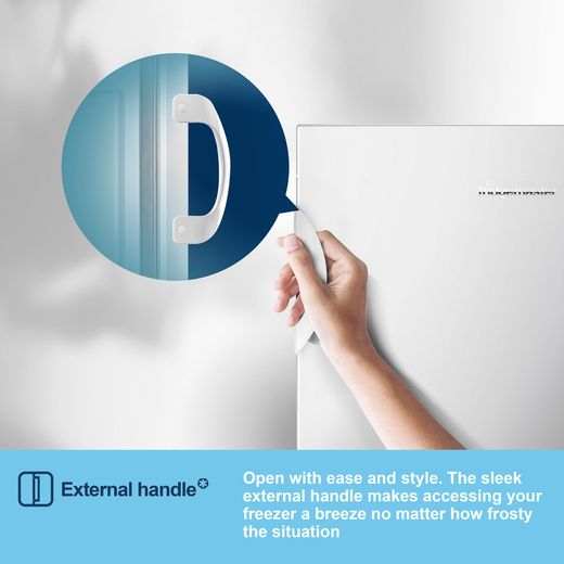Fridgemaster MTZ55153E 143cm Small Upright Freezer - White - Annotation - Handle shot