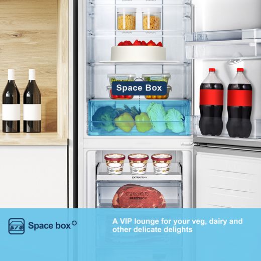 Fridgemaster MC55251DE 182cm 50/50 No Frost Fridge Freezer - White - Annotation - Space box shot