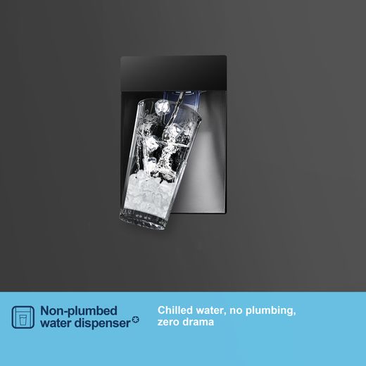 Fridgemaster MC55251DEB 182cm 50/50 No Frost Fridge Freezer - Black - Annotation - Water dispenser shot