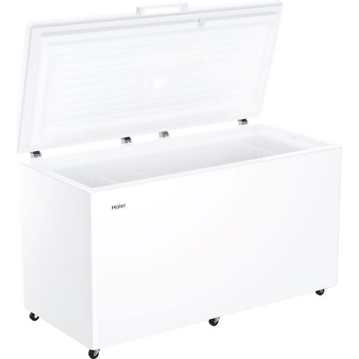 Haier Chest Freezer - White - Left perpsective with lid open shot