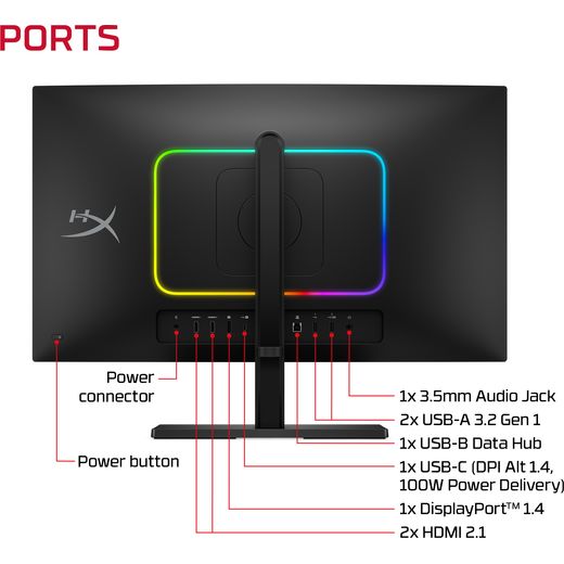 HyperX OMEN 27" Quad HD 500Hz OLED Gaming Monitor with FreeSync™ Premium Pro with NVidia G-Sync - Black - annotation - port shot