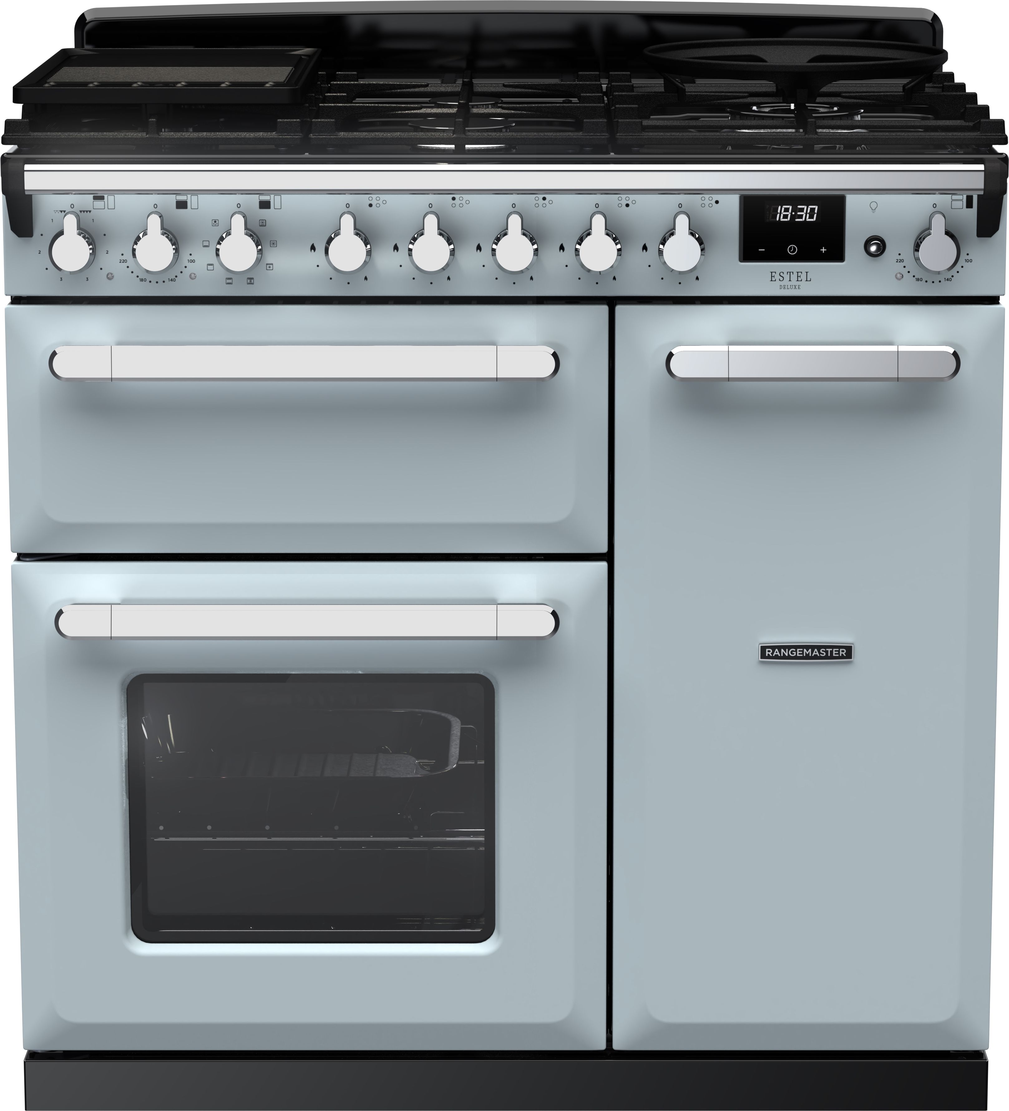 Image of Rangemaster Estel Deluxe ESDL90DFPMSB/CM1 90cm wide Dual Fuel Range Cooker with Gas Hob - Misty Blue / Chrome - A/A Rated, Blue