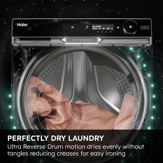 Haier X9 HD100-CQ387U1-UK Wifi Connected 10Kg Heat Pump Tumble Dryer - White - Annotation - Ultra reverse drum shot