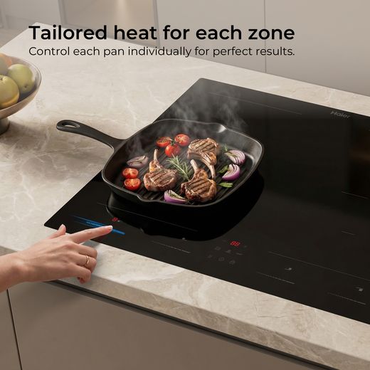 Alt Text: Haier Series 2 HAIDFS64MCAR 59cm Induction Hob - Black Glass - annotation - tailored heat for each zone