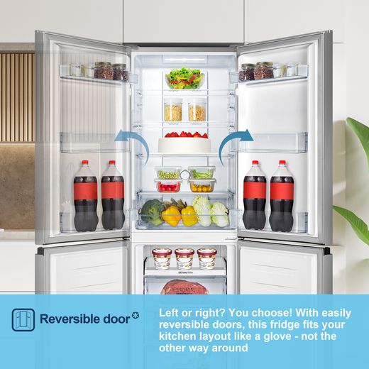 Fridgemaster MC55251DS 182cm 50/50 No Frost Fridge Freezer - Silver - Annotation - Reversable door shot