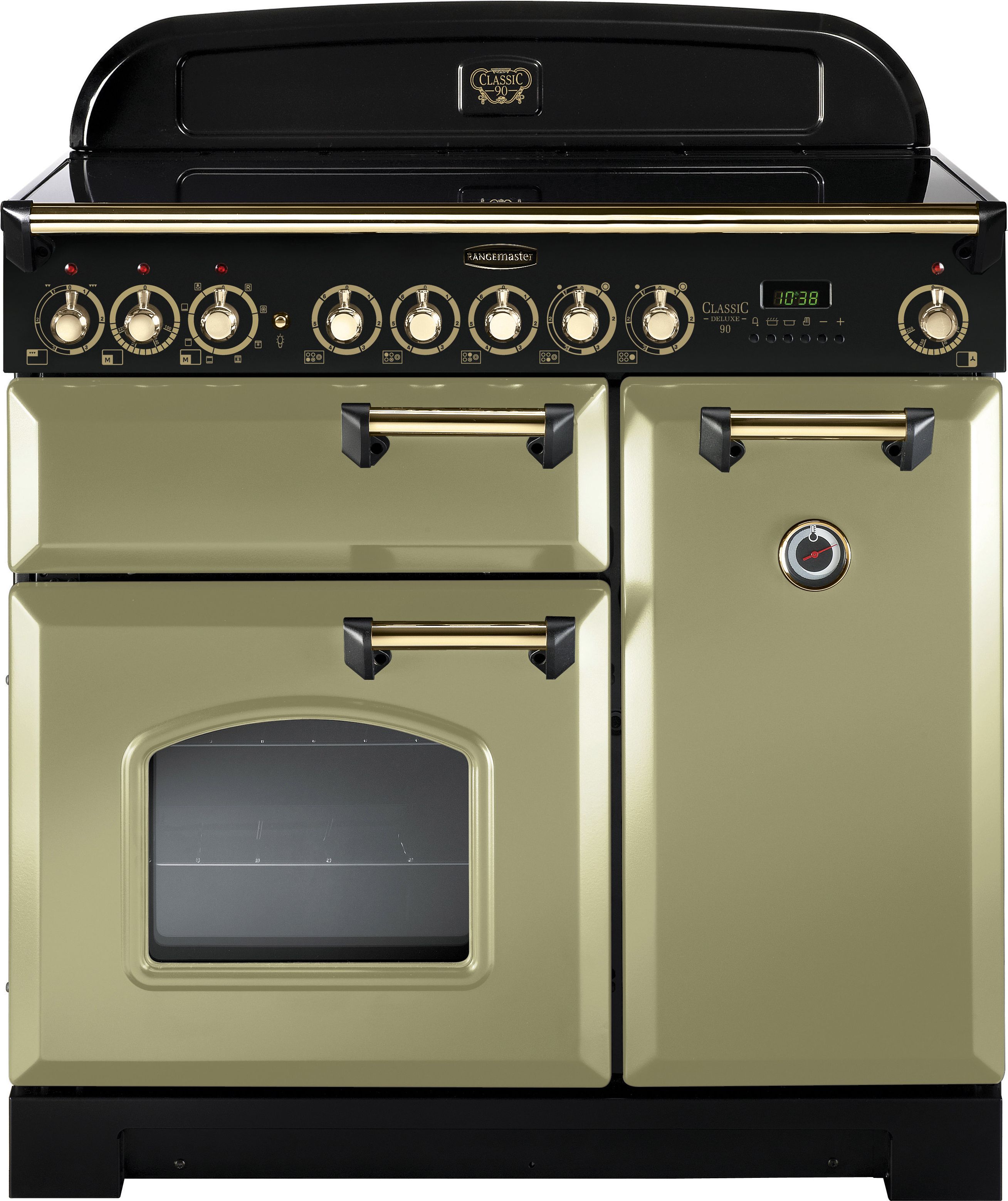 Rangemaster Classic Deluxe CDL90ECOG/B 90cm Electric Range Cooker with Ceramic Hob - Olive Green / Brass - A/A Rated, Green