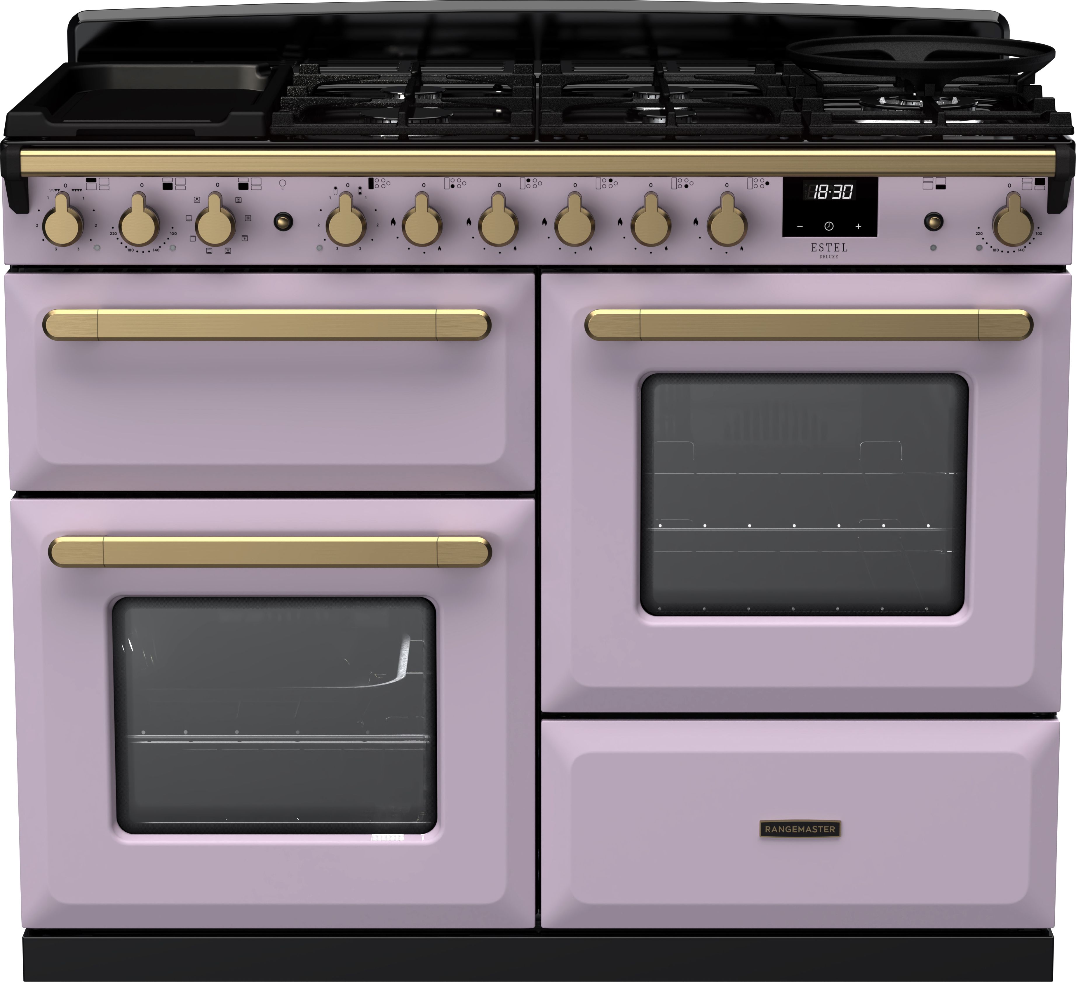 Image of Rangemaster Estel Deluxe ESDLO110DFPHTH/AB1 110cm wide Dual Fuel Range Cooker with Gas Hob - Heather / Antique Brass - A/A Rated, Purple
