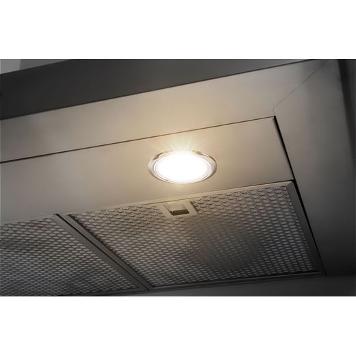 Hotpoint PHC77FLBIX 70cm Chimney Cooker Hood - Stainless Steel - Close up light shot
