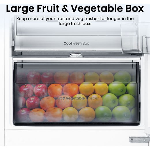 Hisense RB3B250SAWE1 177cm 70/30 Integrated Frost Free Fridge Freezer with Sliding Door Fixing Kit - White - Annotation - Large fruit and veg box shot