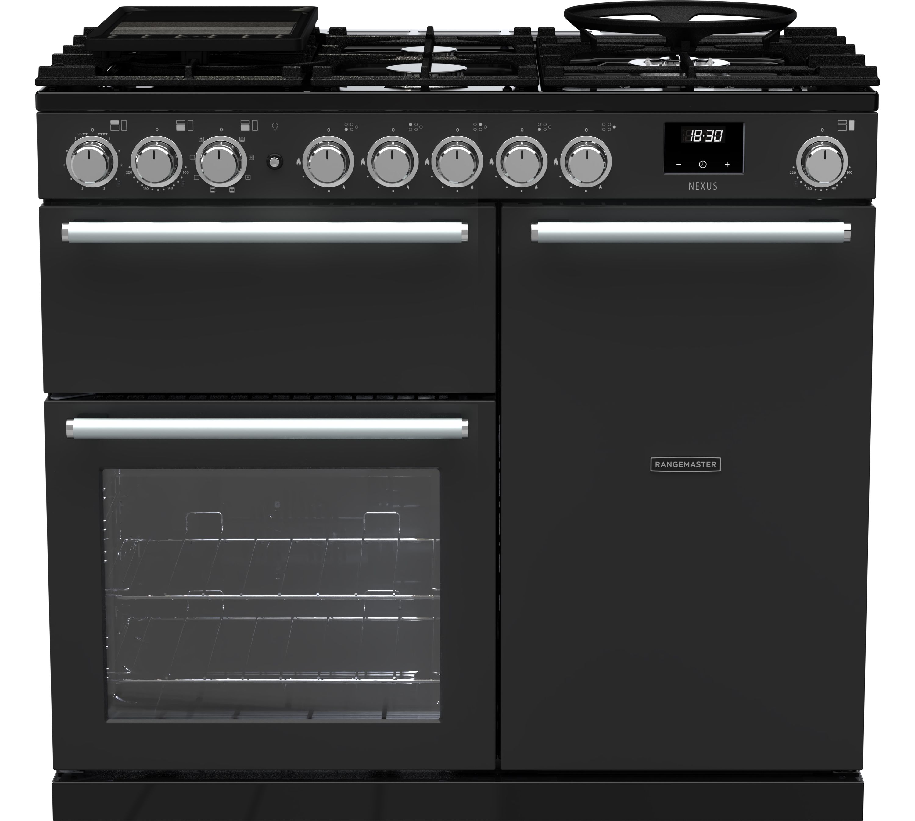 Rangemaster Nexus NEX100DFPCBL/CM1 100cm wide Dual Fuel Range Cooker with Gas Hob - Charcoal Black - A Rated, Black