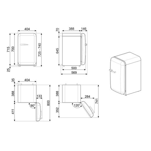 Smeg 50s Style Right Hand Hinged Minibar FAB5RDUJ6 72cm High Fridge - Union Jack - Dimensions