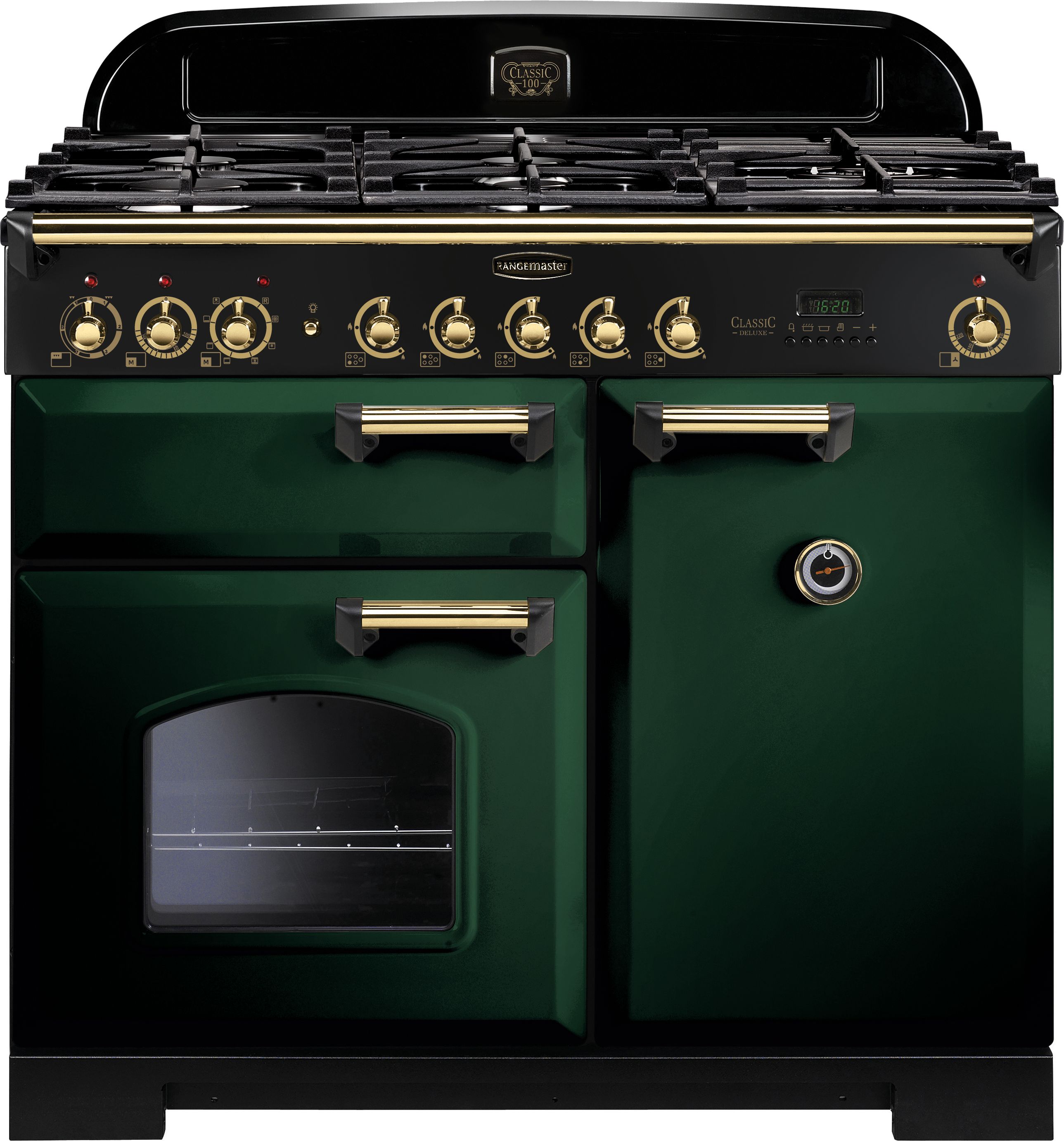 Rangemaster Classic Deluxe CDL100DFFRG/B 100cm Dual Fuel Range Cooker - Racing Green / Brass - A/A Rated, Green