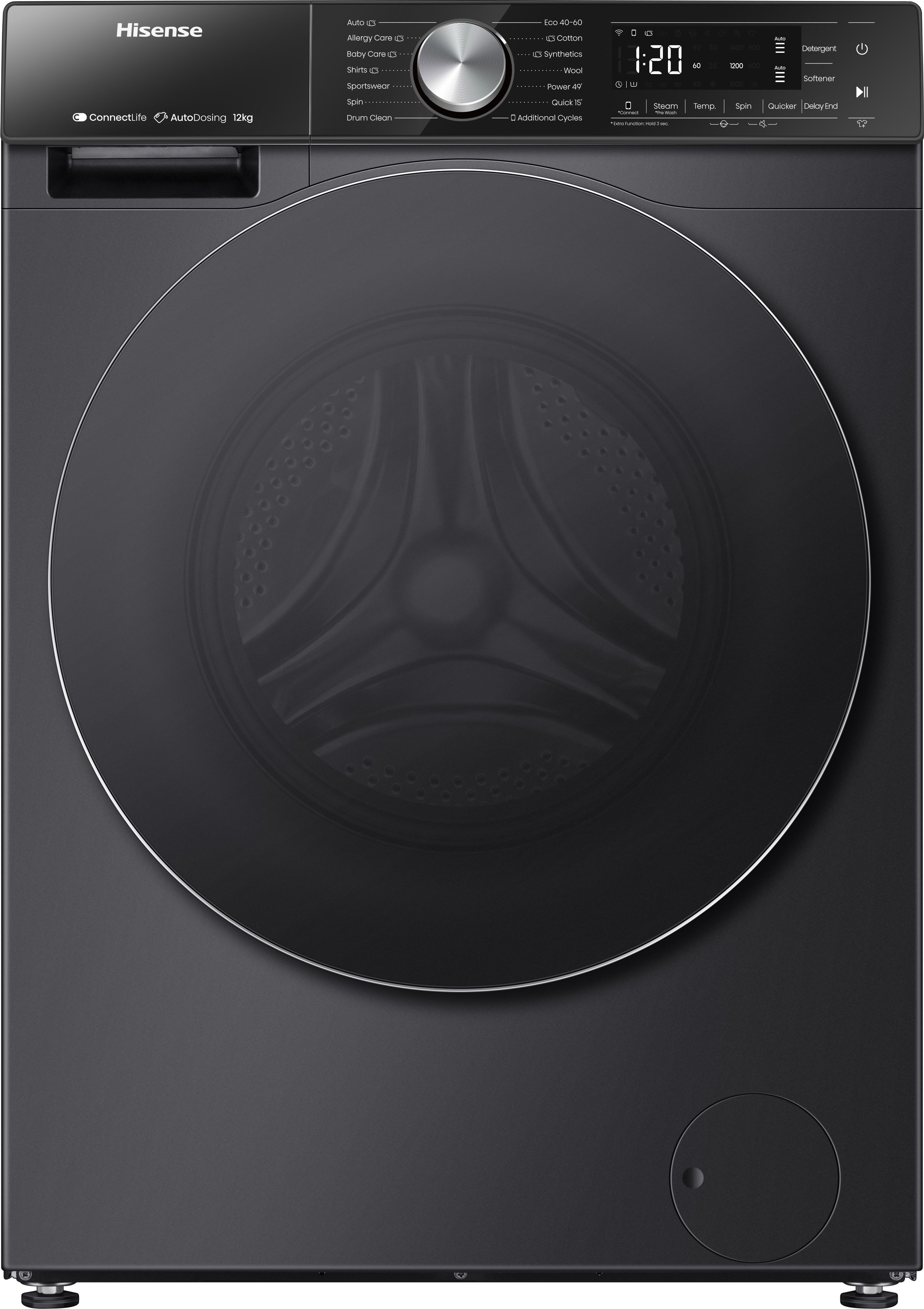 Hisense 5S Series WF5S1245BB 12kg Washing Machine with 1400 rpm - Black - A Rated, Black