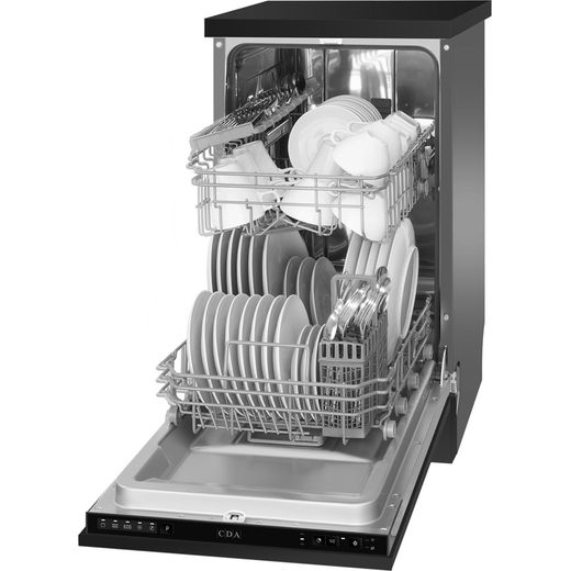 CDA Integrated Slimline Dishwasher - Black Control Panel - Door open left perspective