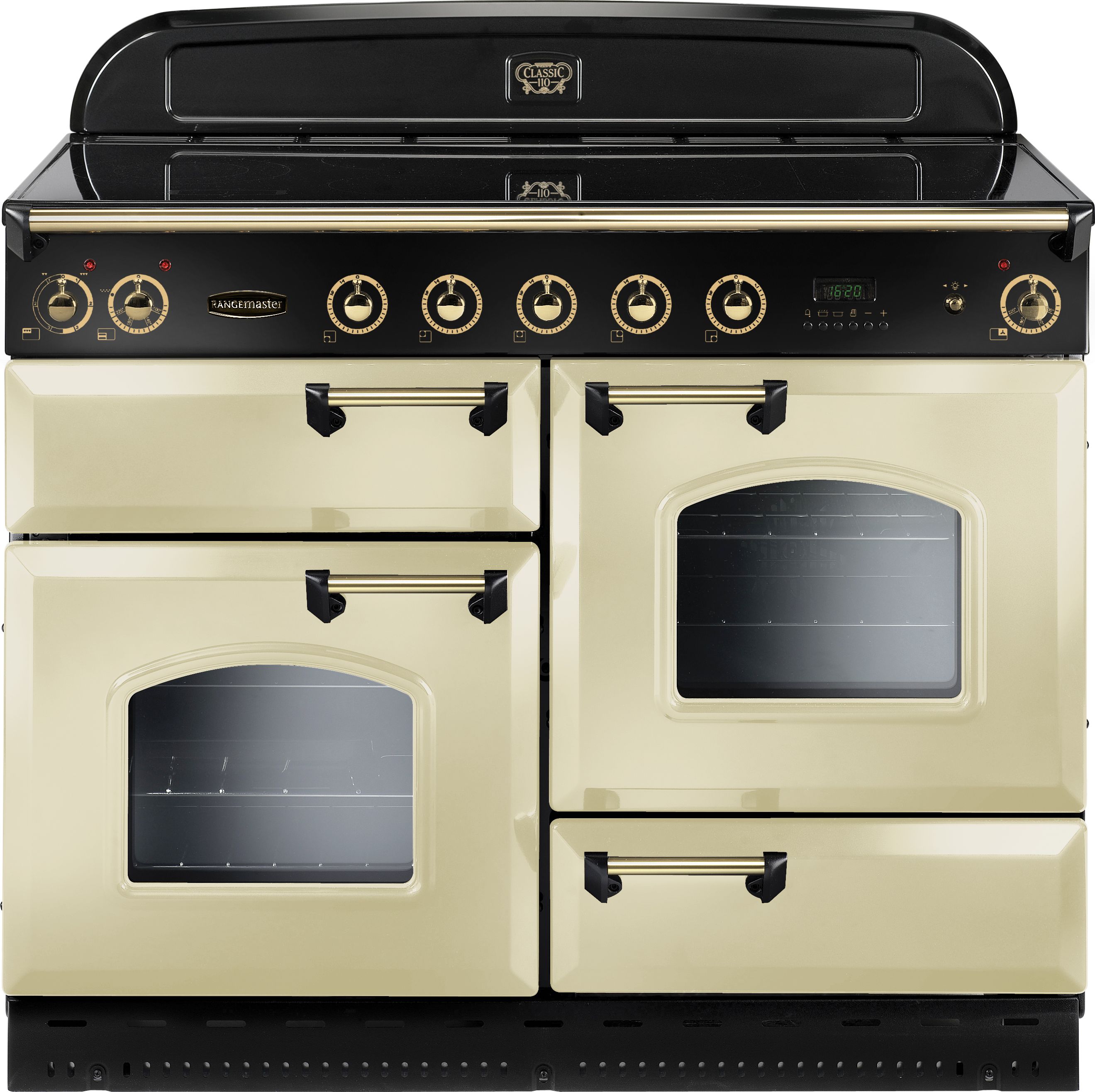 Rangemaster Classic Deluxe CDL110EICR/B 110cm Electric Range Cooker with Induction Hob - Cream / Brass - A/A Rated, Cream
