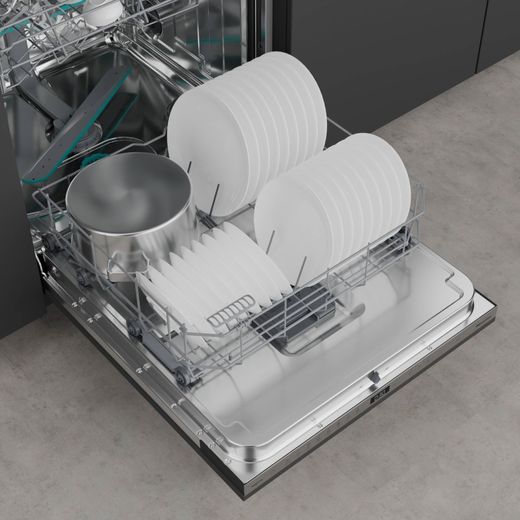 Hisense Fully Integrated Standard Dishwasher - Black - Close up racks open in kitchen shot