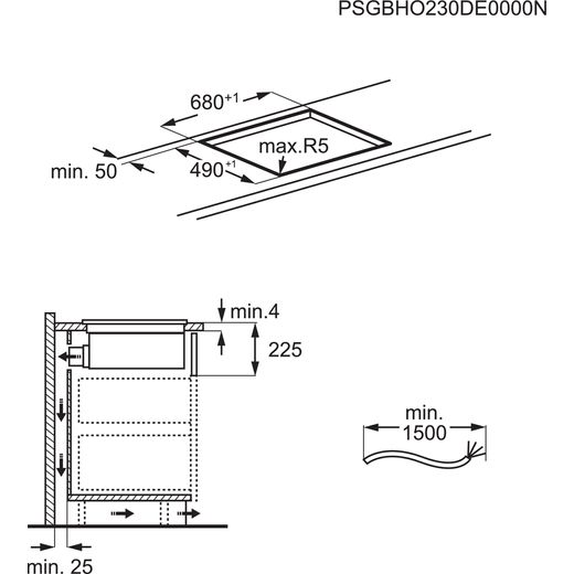 AEG TCH74B01CB 68cm Venting Induction Hob - Black - Annotation - Dimension shot