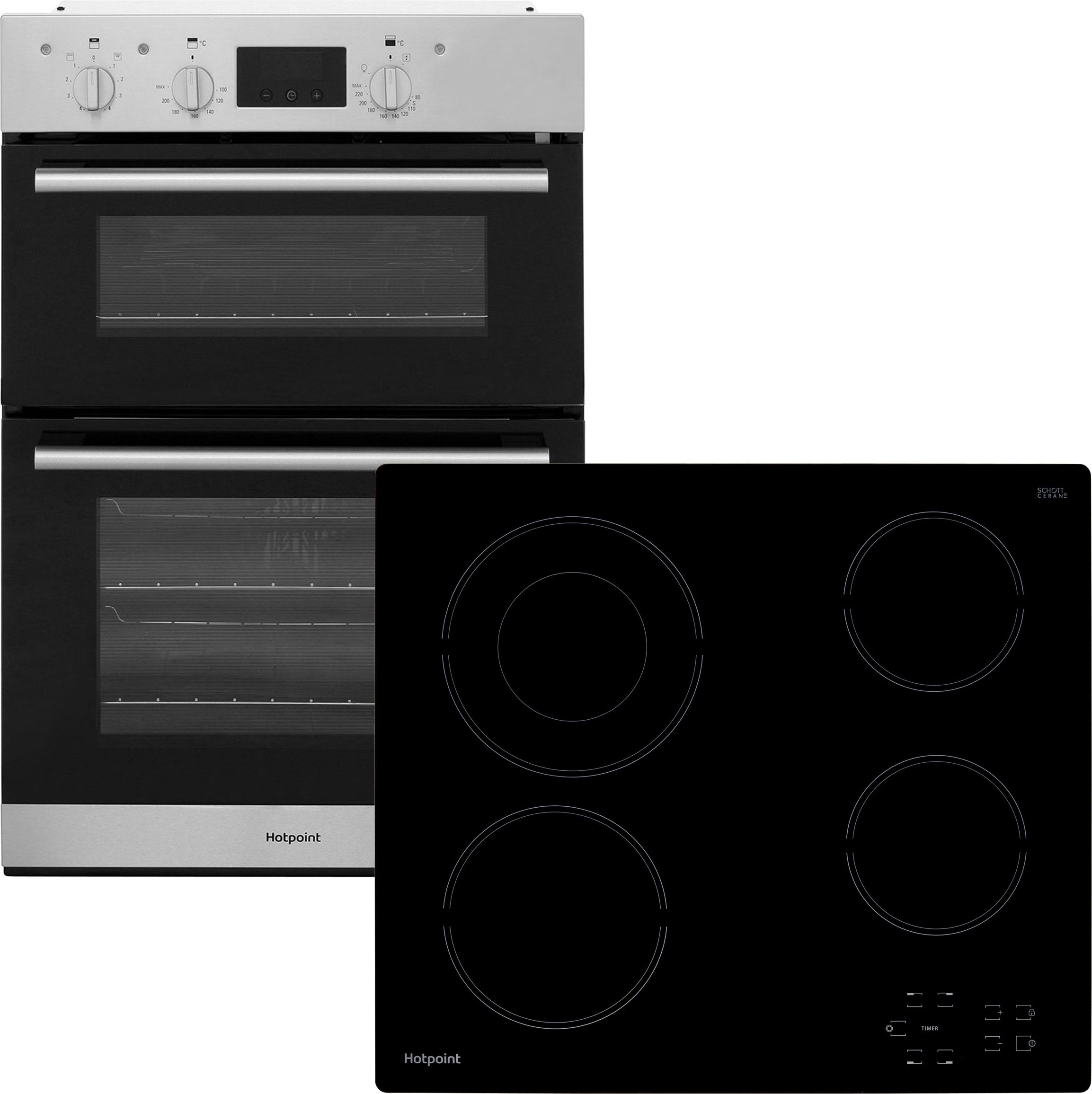 Hotpoint HotDD2Ceram Built In Electric Double Oven and Ceramic Hob Pack - Stainless Steel / Black - A/A Rated, Stainless Steel