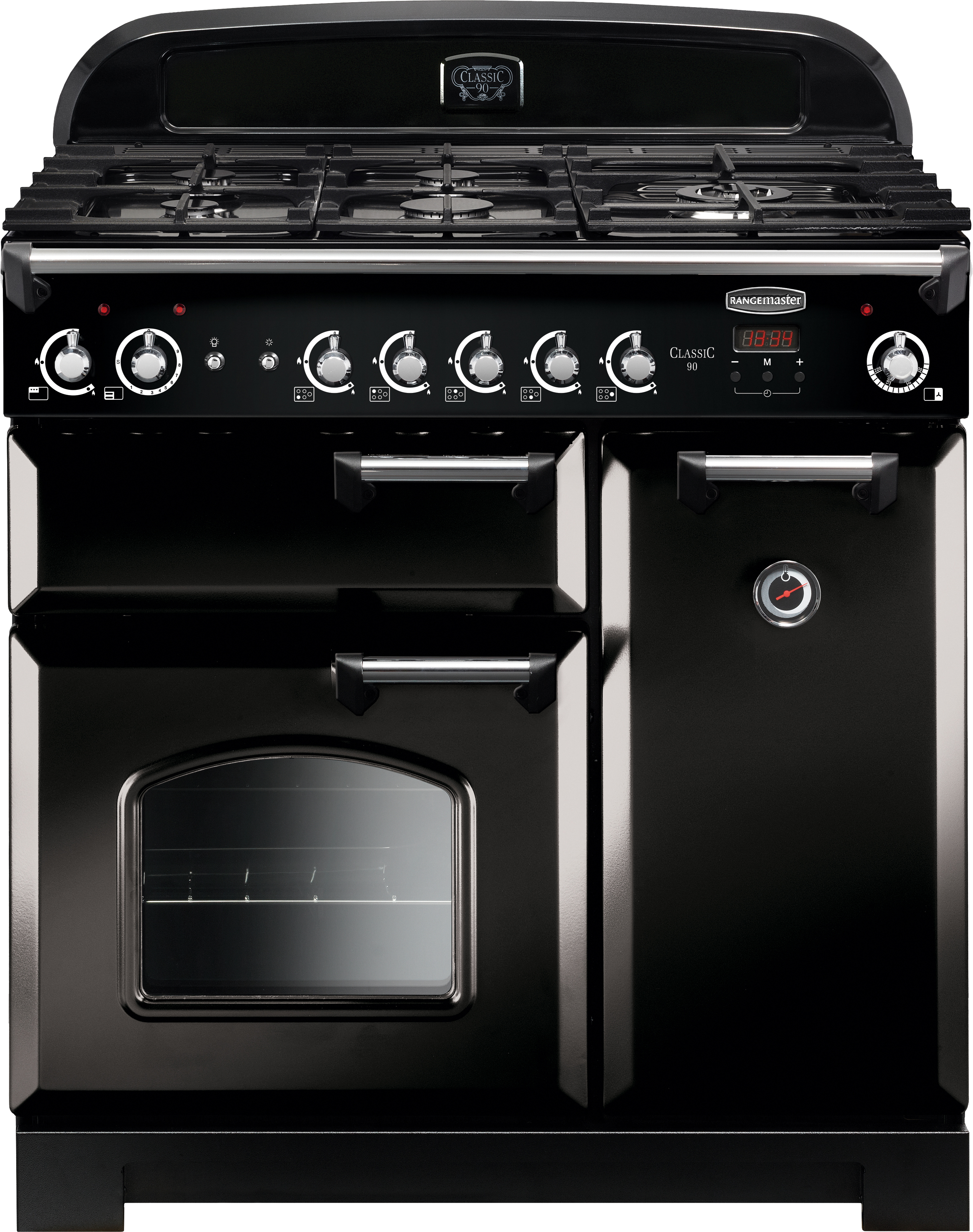 Rangemaster Classic CLA90NGFBL/C 90cm Gas Range Cooker with Electric Fan Oven - Black / Chrome - A+/A Rated, Black
