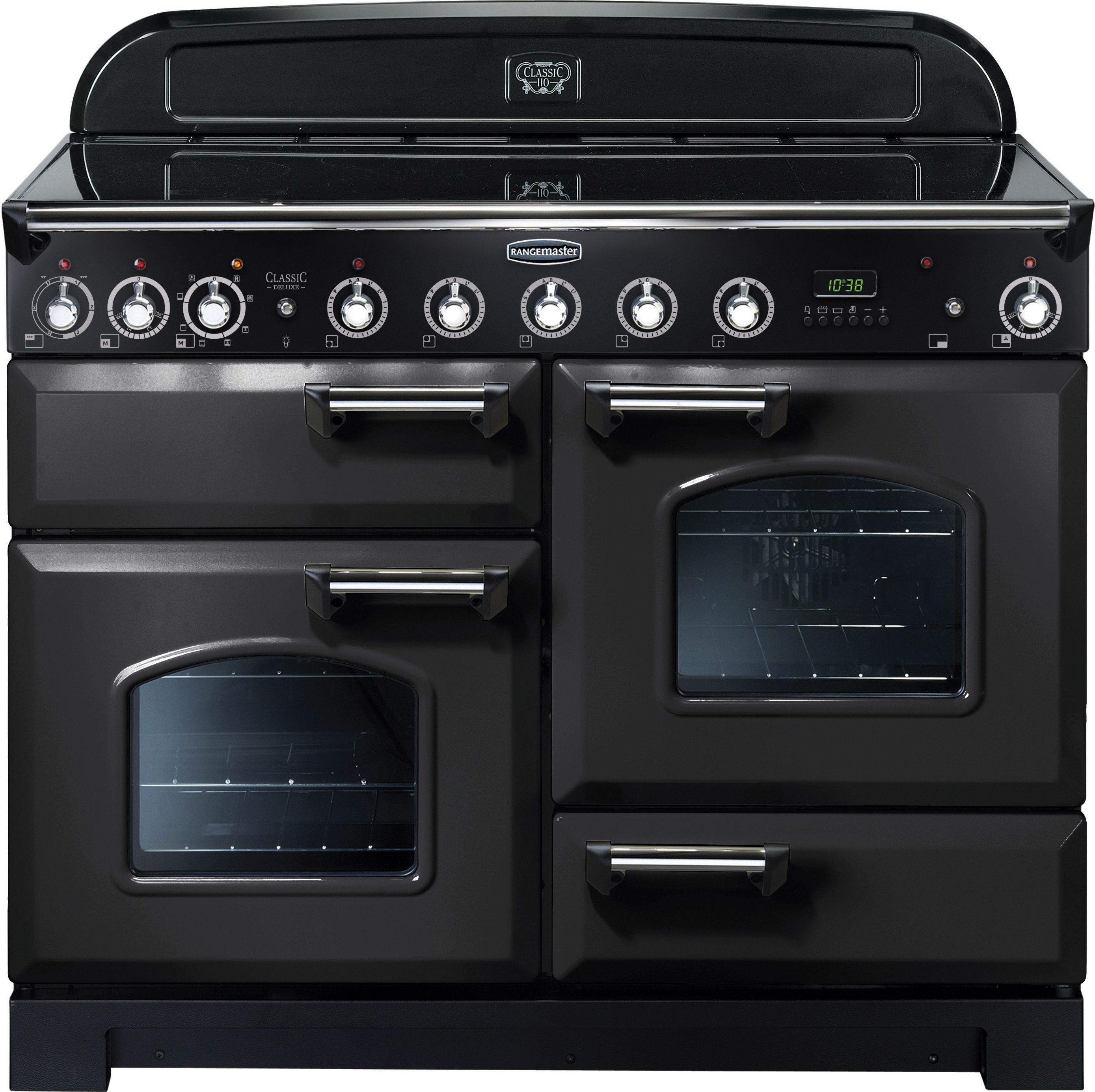 Rangemaster Classic Deluxe CDL110EICB/C 110cm Electric Range Cooker with Induction Hob - Charcoal Black / Chrome - A/A Rated, Black